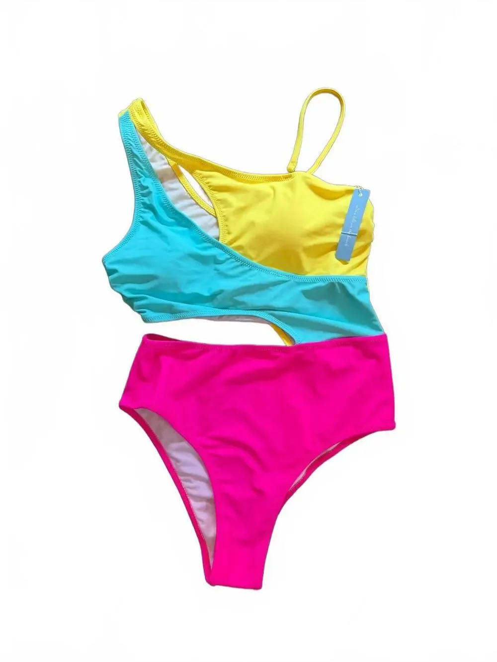 Trendy Colorblock One-Shoulder Cutout Swimsuit High Waist Cheeky Small NWT